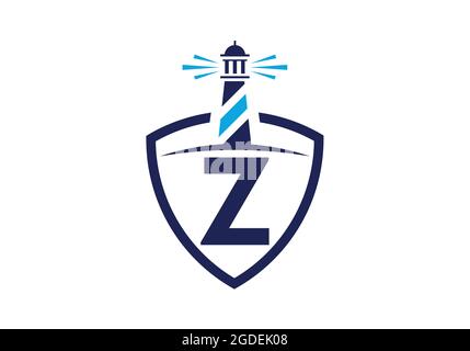 Initial Z monogram alphabet in a shield with the lighthouse. Harbor logo. Font emblem. Modern vector lighthouse logo for business, organization Stock Vector