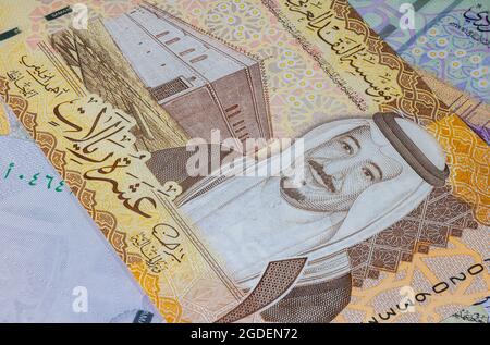 Close up photography of Saudi Arabian money. Paper Currency of Saudi Arabia. Saudi Riyal with the portrait of King Salman. Monetary Authority unveiled Stock Photo