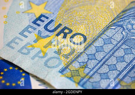 Twenty Euro banknote fragment macro. Closeup photo of a part of the new twenty euro note. Money of the European Union. Europe currency. Intaglio print Stock Photo