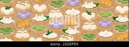 Steamed dumplings background. Momo and dim sum in bamboo steamer baskets. Asian traditional cuisine. Vector illustration in cartoon style Stock Vector