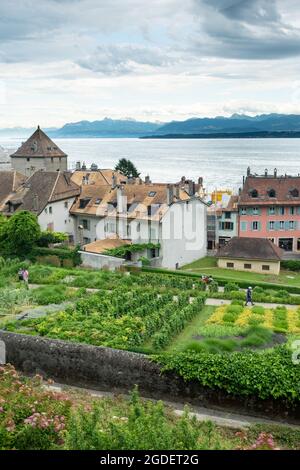 View over the public gardens and rooftops of Nyon, Switzerland and Lac Leman Stock Photo