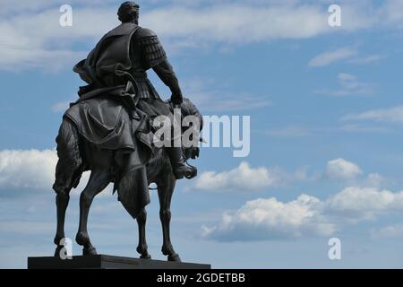 Nizhny Novgorod, Russia, 08.05.2021. Monument to Alexander Nevsky at the Cathedral on the Strelka, at the confluence of