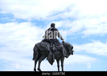 Nizhny Novgorod, Russia, 08.05.2021. Monument to Alexander Nevsky at the Cathedral on the Strelka, at the confluence of