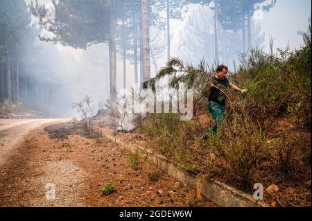 San Luca, Italy. 10th Aug, 2021. A worker seen inspecting the fire.Wildfires have been ravaging forests of Aspromonte National Park in Calabria for more than a week. For the protection of the area and trees, the park was recently included in the UNESCO's natural heritage list, a mobile unit of the Civil Protection from Lombardy had been deployed in San Luca's area, from 10 August, to help Calabria Verde (regional environmental agency) and other forces to fight fires. (Photo by Valeria Ferraro/SOPA Images/Sipa USA) Credit: Sipa USA/Alamy Live News Stock Photo