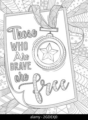 Medal With Star Placed On A Piece Of Paper With Thoughtful Message. Award With Piece Of Note Inspirational Note Saying Those Who Are Brave Are Free. Stock Vector