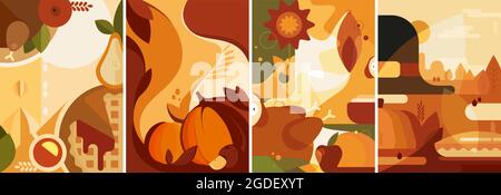 Set of Thanksgiving posters in flat style. Different postcard designs. Stock Vector