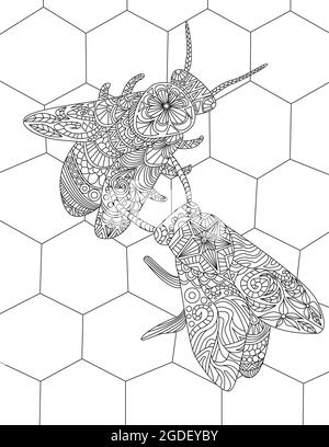 Two Bees On A Beehive Gathering Honey Colorless Line Drawing. Bumblebees Inside A Hive Collecting Food Honeycomb Colorless Line Drawing. Stock Vector