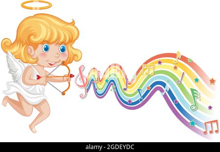 Cupid girl with melody symbols on rainbow wave illustration Stock ...