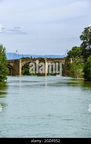 Pont-Vieux Old Bridge XIV Century spans over river Aude in the French city of Carcassonne. Stock Photo