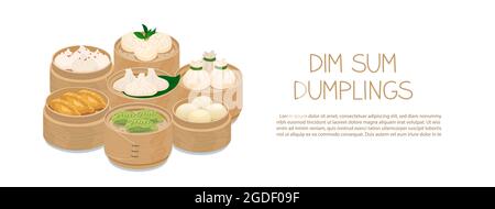 Momo and dim sum food sets in bamboo steamer baskets. Steamed dumplings banner template isolated on white. Asian traditional cuisine. Vector illustrat Stock Vector