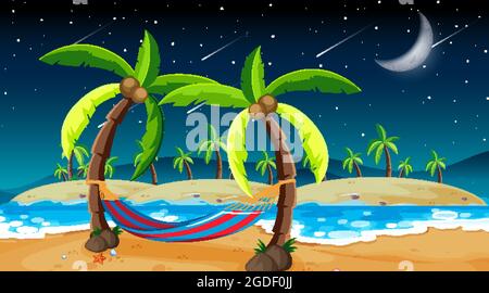 Beach at night time landscape scene with palm tree illustration Stock ...
