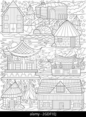 Different Nations Old House Designs Colorless Line Drawins. Multiple Classical National Houses Design Coloring Book Page. Stock Vector