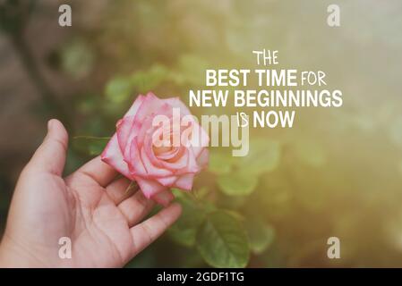 Motivational and Inspirational Quotes - The best time for new beginnings is now. Stock Photo