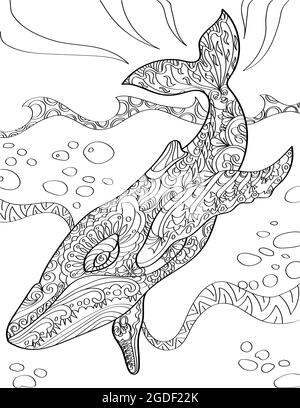 Large Whale Diving Deep Into The Sea Colorless Line Drawing. Huge Aquatic Creature Dives Below Ocean With Big Waves Coloring Book Page. Stock Vector