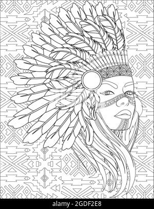 Native Woman With Feather Headdress Side Looking Colorless Line Drawing. Lady With Eagle War Bonnets Coloring Book Page. Stock Vector