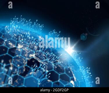 Planet Earth, city lights and worldwide digital binary data network infrastructure growth pillars. Some elements of the image furnished by NASA. Stock Photo