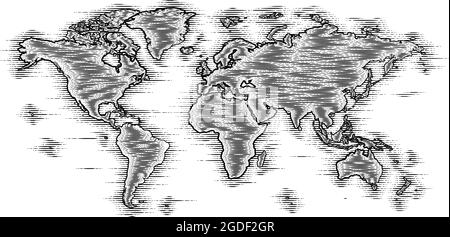 World Map Drawing Old Woodcut Engraved Style Stock Vector