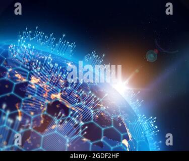 Planet Earth, city lights and worldwide digital binary data network infrastructure growth pillars. Some elements of the image furnished by NASA. Stock Photo