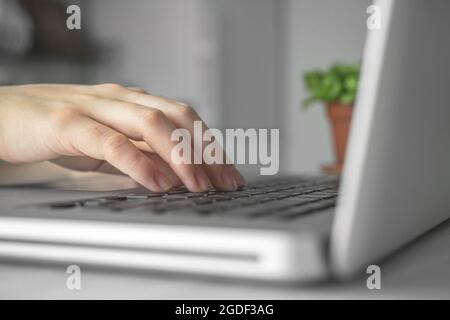 Woman hand using laptop keyboard closeup. Businesswoman or student using computer at home. Online learning or internet marketing, freelance workspace Stock Photo
