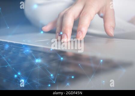 High tech concept. Woman hand working on laptop keyboard. Data record system, document management concept. Double exposure Stock Photo