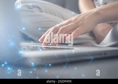 Woman hand working on laptop keyboard. Innovation and technology, data recoed system, document management concept. Double exposure photo Stock Photo