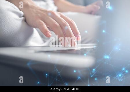 Businesswoman hand working on laptop keyboard. Innovation and technology, data record system, document management concept. Double exposure Stock Photo