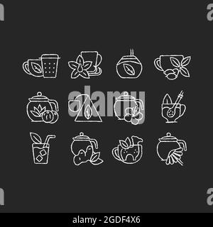 Tea drinking related chalk white icons set on dark background Stock Vector