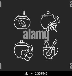 Herbal tea chalk white icons set on dark background Stock Vector
