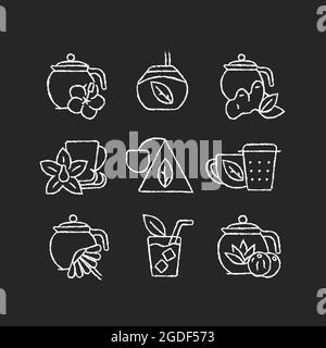 Tea and tea-like beverages chalk white icons set on dark background Stock Vector