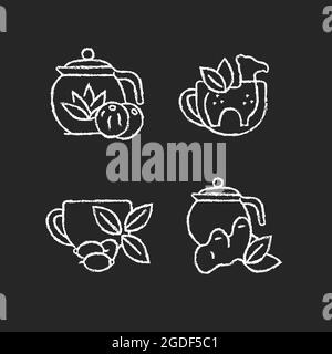 Medicinal tea chalk white icons set on dark background Stock Vector