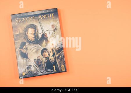Lord of the rings motion pictures DVD isolated on am orange background Stock Photo