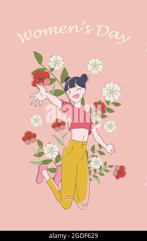 Women's Equality Day. International Women's Day. Asian girl on a background of flowers. Illustration for card, poster, banner, label. Stock Vector