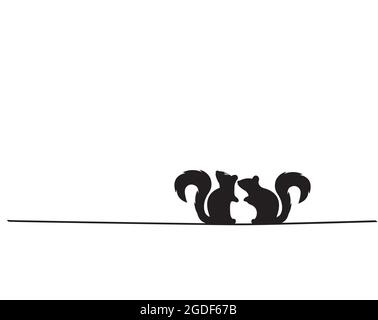 Two squirrels silhouettes on wire illustration, vector. Wall decals, wall art work, poster design isolated on white background. Minimalist background. Stock Vector