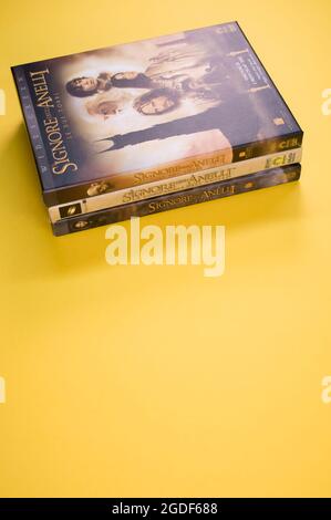 Lord of the rings motion pictures DVD isolated on a yellow background Stock Photo