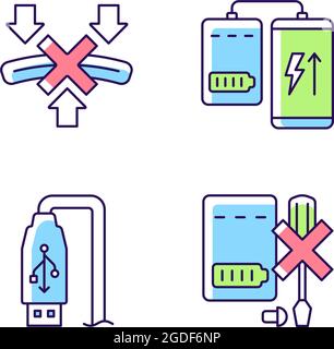 Powerbank proper use RGB color manual label icons set Stock Vector