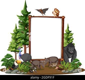 Empty banner with wild animals and rainforest trees on white background ...
