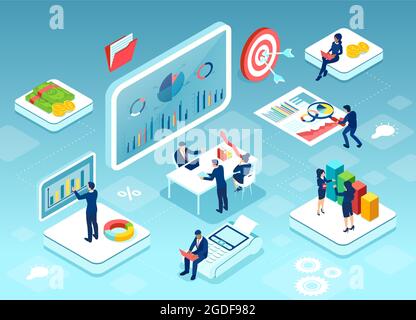 Isometric vector of business people interacting with financial charts and analysing market statistics and trends Stock Vector