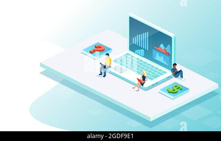 Vector of business people working on laptop computers analysing internet financial data and traffic Stock Vector