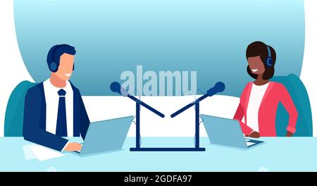 Vector of a man and a woman recording radio show in a studio podcasting online Stock Vector