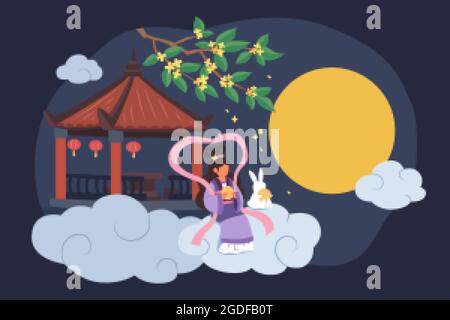 Mid autumn festival design. Flat illustration of fairy Chang'e and jade rabbit sitting outside of Chinese pavilion watching moon and eating mooncakes Stock Vector