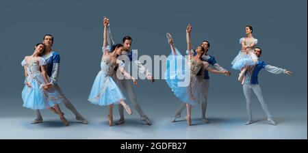 Composite image of portraits of ballet dancers couples in theater performance Giselle isolated on blue background. Concept of art, beauty, aspiration Stock Photo
