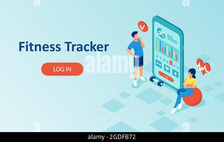 Vector of a man and a woman monitoring heart rate on smartphone fitness app checking workout data Stock Vector