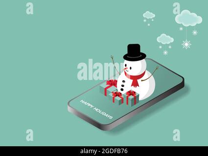 Online shopping. Vector illustration of mobile phone, Christmas gifts, snowflakesand snowman. Isometric illustration. Stock Vector