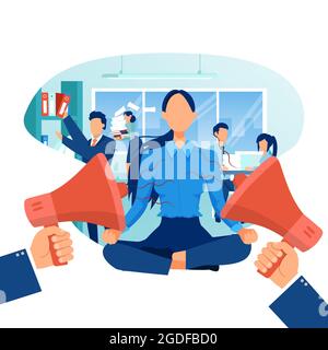 Vector of a relaxed businesswoman practicing yoga in a stressful and busy corporate office Stock Vector