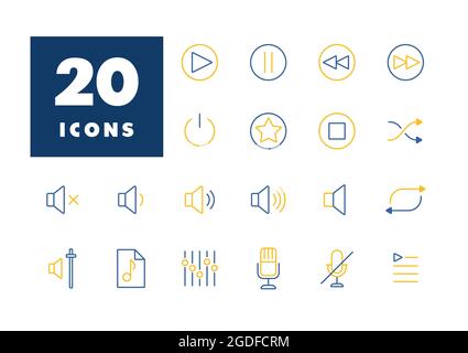 Multimedia user interface flat vector icons set. Graph symbol for music and sound web site and apps design, logo, app, UI Stock Vector