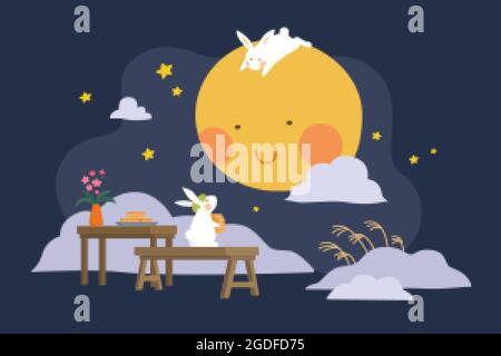 Mid autumn festival design. Flat illustration of jade rabbits eating mooncakes and watching moon as holiday celebrations Stock Vector