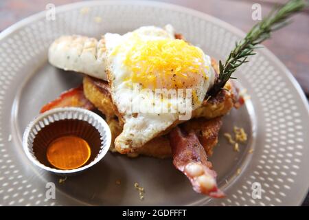 French Toast Eggs and Bacon Breakfast Brekkie Stack Stock Photo
