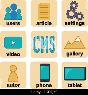 Colorful cartoon multiplatform cms elements infographic. Simple content management system icons. Vector illustration for app buttons, site background, Stock Vector