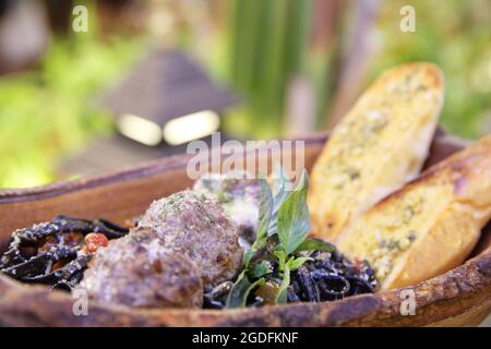 Squid Ink Spaghetti Meatballs Stock Photo