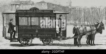 Spain, Madrid. Carriages model for the new Rippert Omnibus line. Public service inaugurated in the capital on 1st April 1882, on the line from Lista Street to Plaza de Oriente. At that time the owner was the Compañía General de Omnibus Villa de Madrid. Engraving. La Ilustración Española y Americana, 1882. Stock Photo